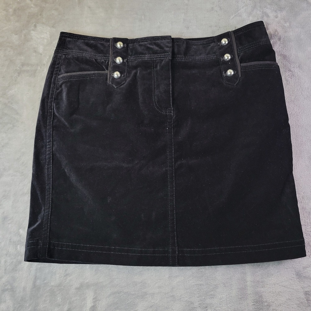 White House Black Market Black Military Velvet Mini Skirt Silver Buttons Size 10